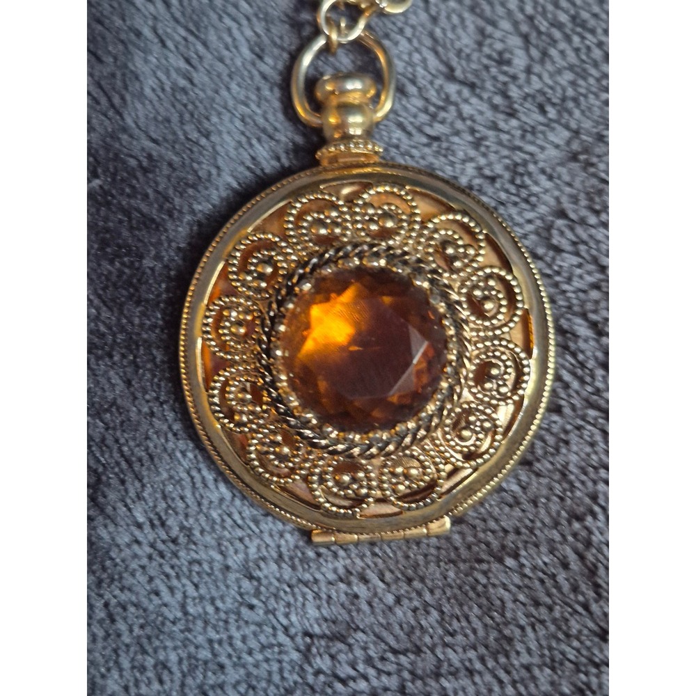 Vintage Long Avon Amber Glass Filigree Locket Necklace Gold Tone Victorian Style